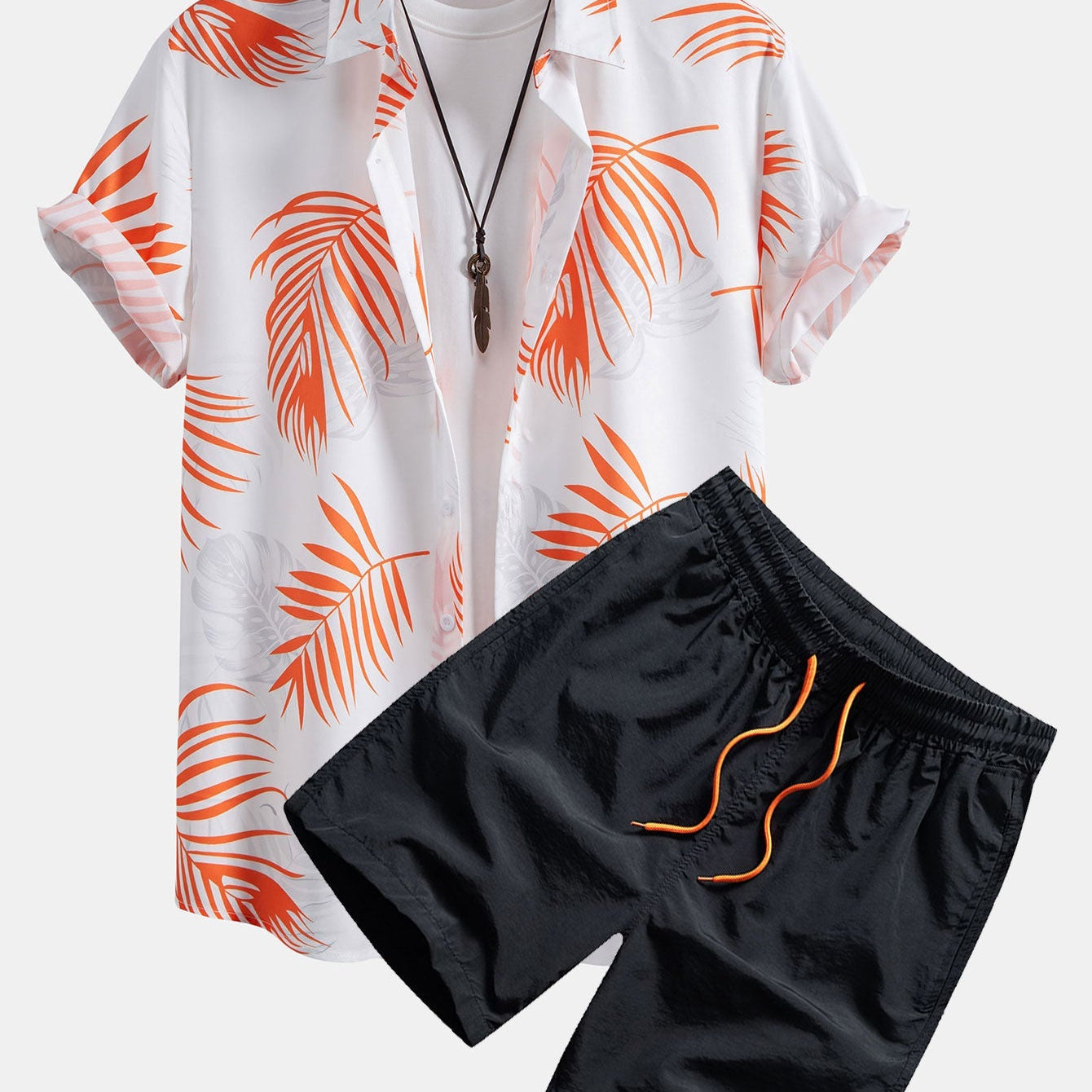 Leaf Pattern Button-Up Shirt with Matching Swim Shorts