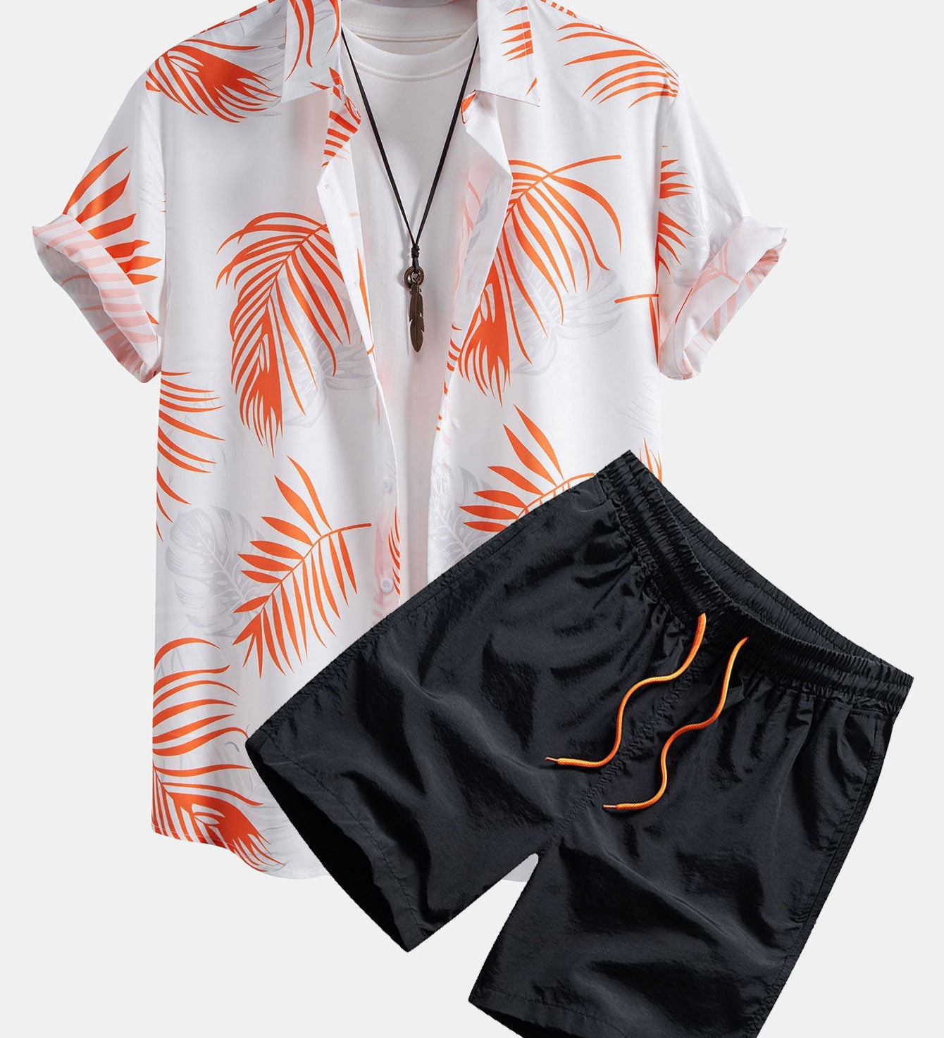 Leaf Pattern Button-Up Shirt with Matching Swim Shorts