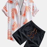 Leaf Pattern Button-Up Shirt with Matching Swim Shorts