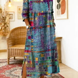 RENATA – Spalvinga džinsinė patchwork suknelė