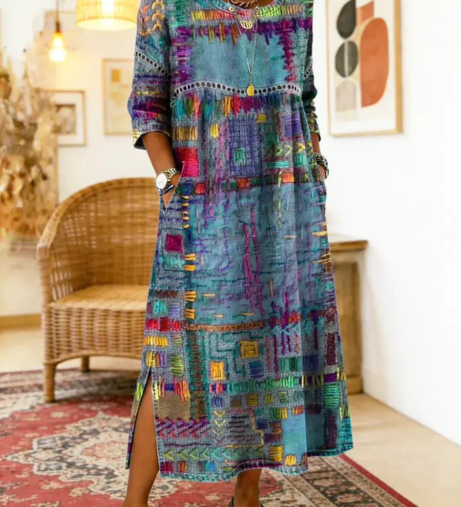RENATA – Spalvinga džinsinė patchwork suknelė
