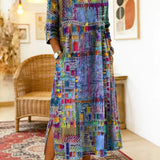 RENATA – Spalvinga džinsinė patchwork suknelė