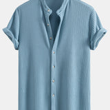 Waffle Textured Stand Collar Shirt with Drawstring Waffle Shorts