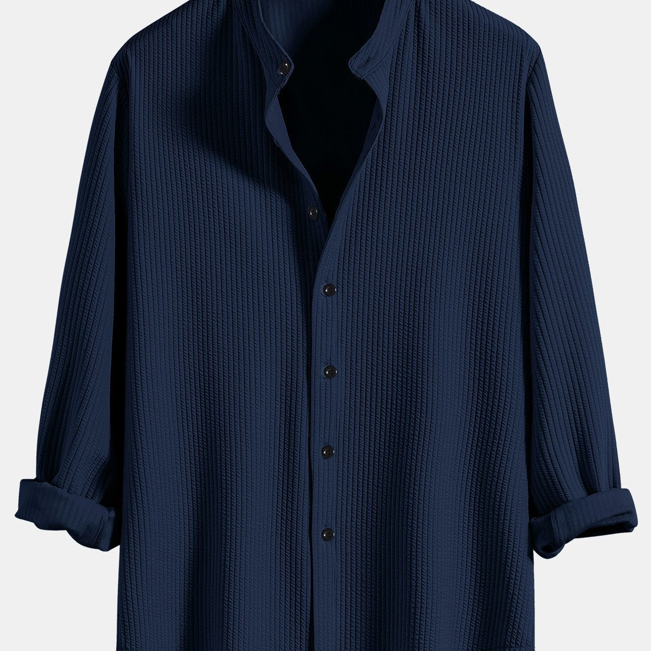 Ribbed Stand Collar Shirt with Long Sleeve and Muscle Fit