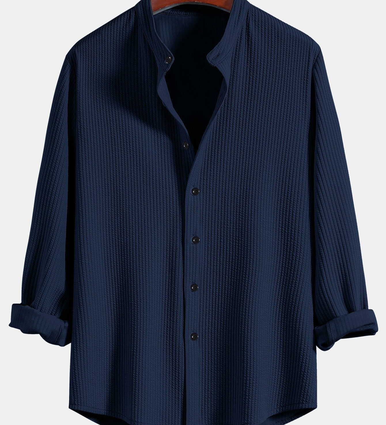 Ribbed Stand Collar Shirt with Long Sleeve and Muscle Fit