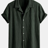 Geometric Rhombus Jacquard Knit Cuban Shirt with Straight Leg Linen Trousers