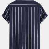 Cotton Blend Striped Cuban Shirt with Straight Leg Linen Trousers