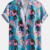 Button-Up Shirt with Tropical Plants and Orangutan Design