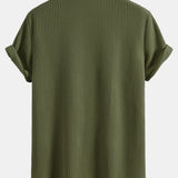 Waffle Textured Button-Up Shirt & Linen-Cotton Blend Drawstring Shorts
