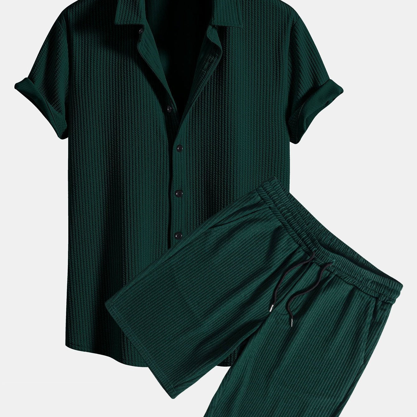 Ribbed Muscle Fit Button-Up Shirt and Shorts Set