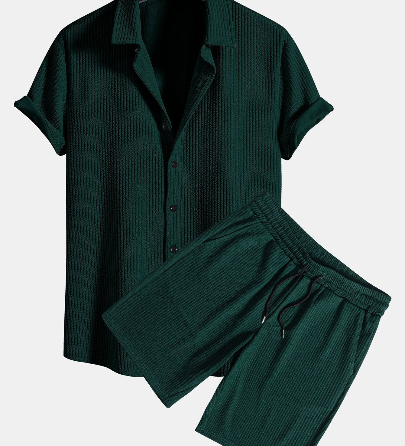 Ribbed Muscle Fit Button-Up Shirt and Shorts Set