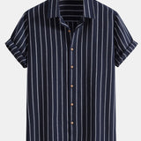Striped Button-Up Shirt in Cotton Blend with Linen Drawstring Shorts