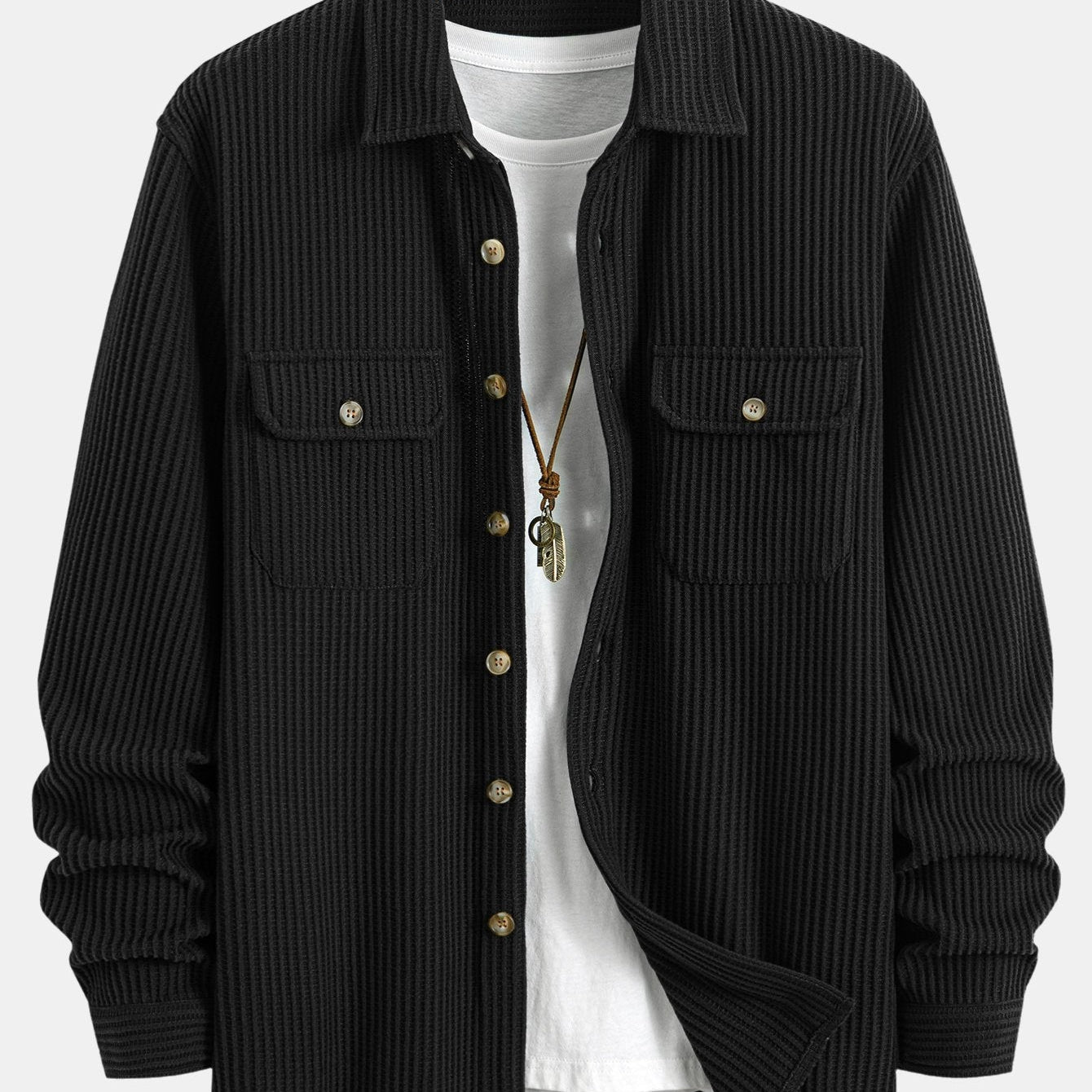 Button-Up Waffle Shirt with Double Pockets