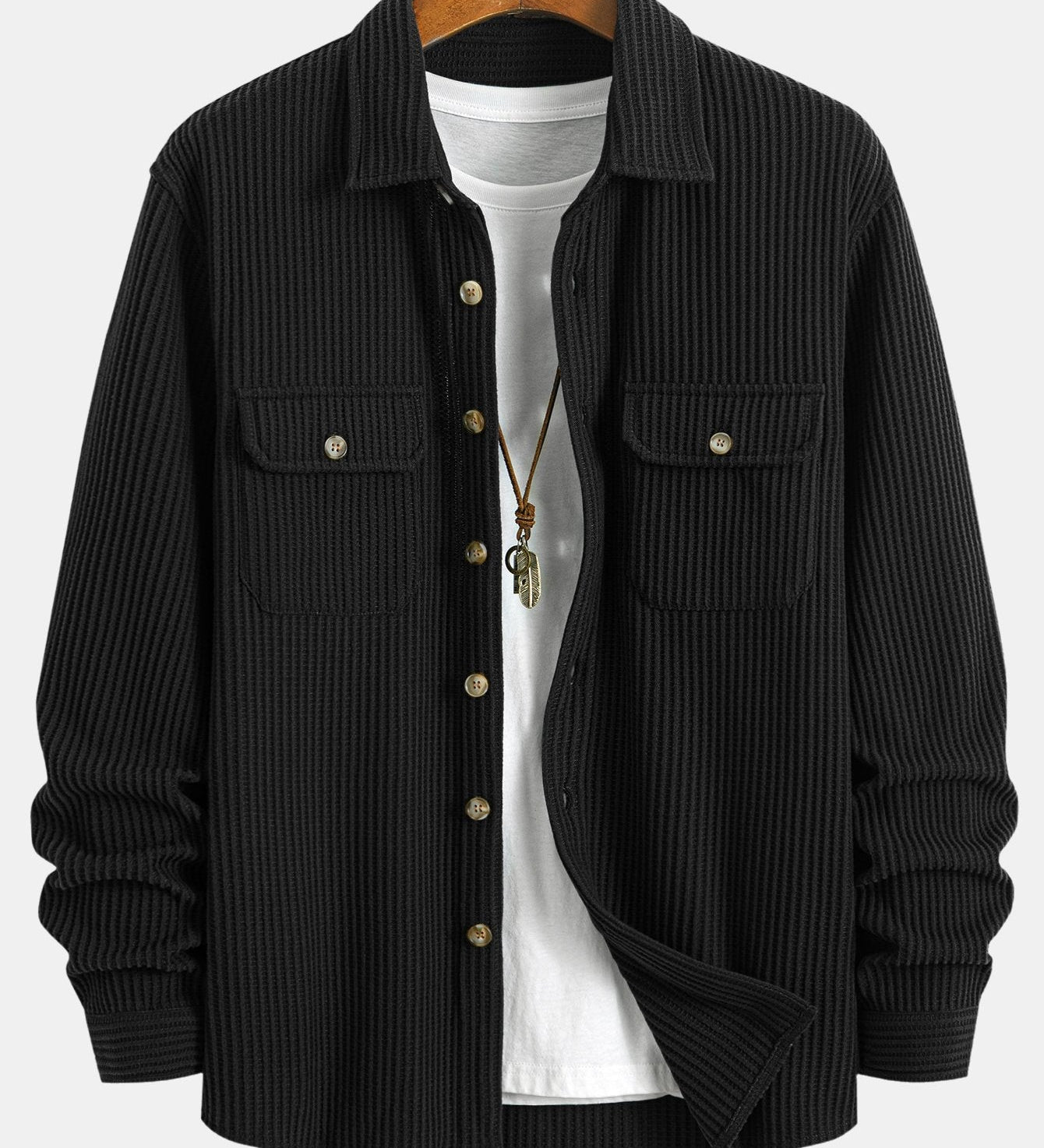 Button-Up Waffle Shirt with Double Pockets