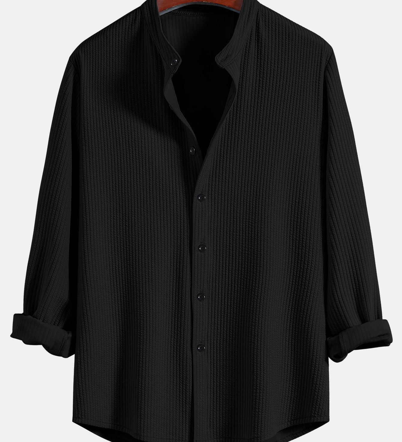 Ribbed Stand Collar Shirt with Long Sleeve and Muscle Fit