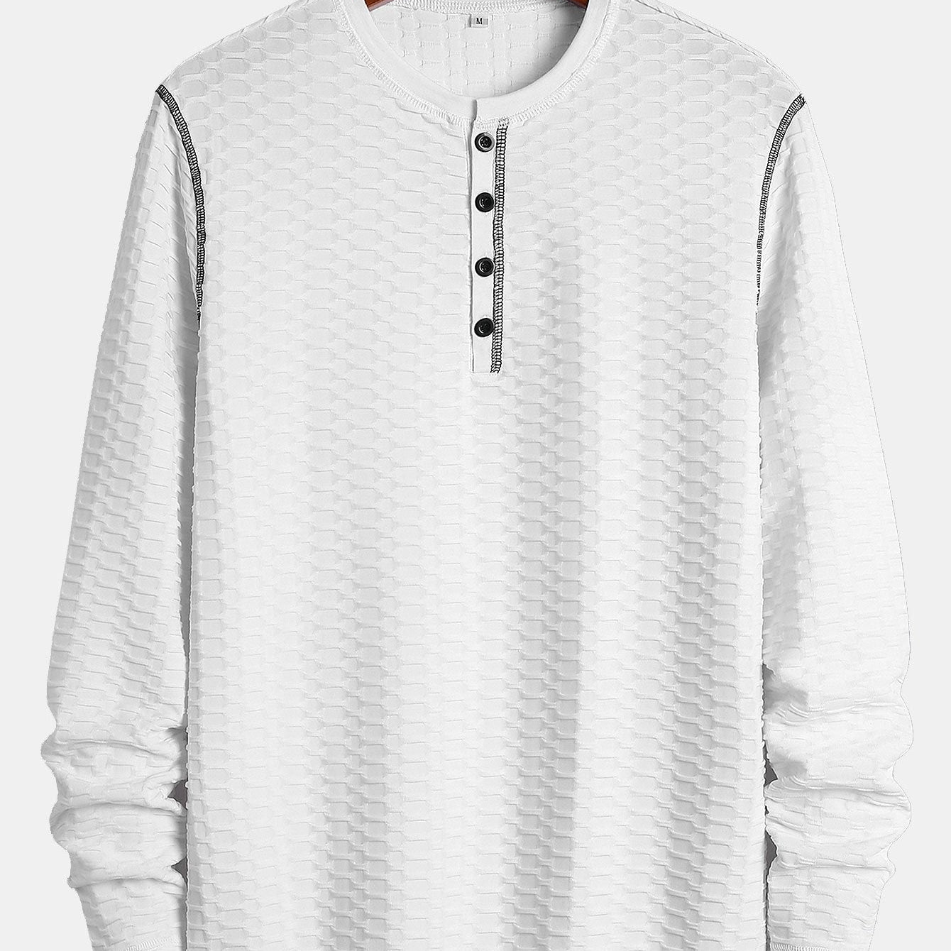 Textured Knitted Henley Shirt with Long Sleeve Muscle Fit