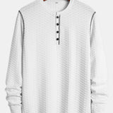 Textured Knitted Henley Shirt with Long Sleeve Muscle Fit