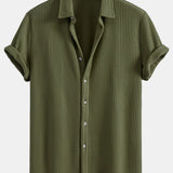 Waffle Texture Button-Up Shirt & Drawstring Waffle Shorts Set