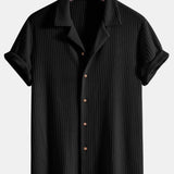 Cuban Collar Short Sleeve Knitted Waffle Shirt with Straight Leg Linen Trousers