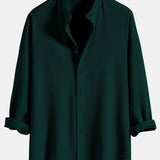 Ribbed Stand Collar Long Sleeve Muscle Fit Shirt with Straight Leg Linen Trousers