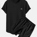 Short Sleeve Waffle Knit T-Shirt with Arc Hem & Matching Shorts