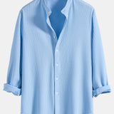 Ribbed Stand Collar Long Sleeve Muscle Fit Shirt with Straight Leg Linen Trousers
