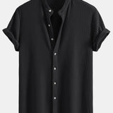 Waffle Textured Stand Collar Shirt with Drawstring Waffle Shorts