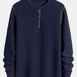 Textured Knitted Henley Shirt with Long Sleeve Muscle Fit