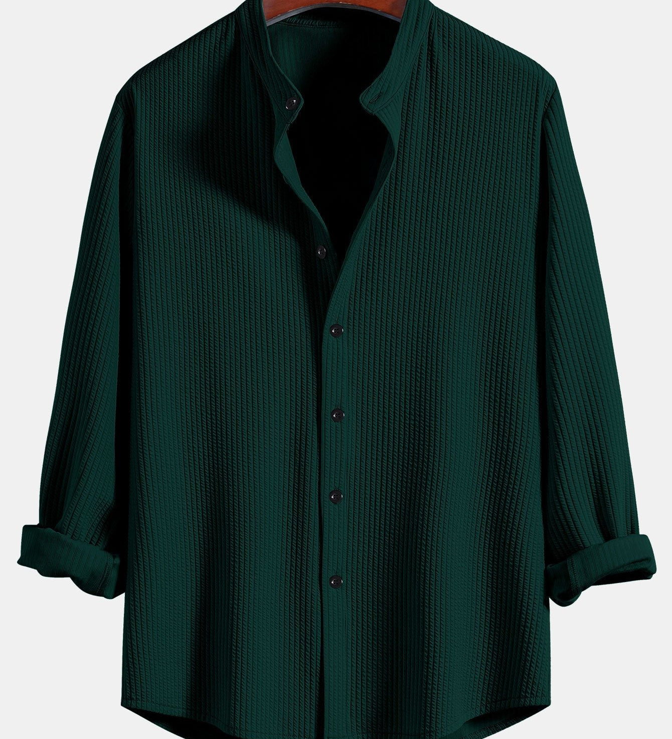 Ribbed Stand Collar Shirt with Long Sleeve and Muscle Fit