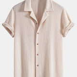 Cuban Collar Short Sleeve Knitted Waffle Shirt with Crinkle Textured Straight Leg Pants