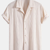 Geometric Rhombus Jacquard Knit Cuban Shirt with Straight Leg Linen Trousers