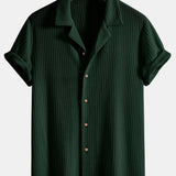 Cuban Collar Short Sleeve Knitted Waffle Shirt with Crinkle Textured Straight Leg Pants