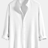 Ribbed Stand Collar Long Sleeve Muscle Fit Shirt with Straight Leg Linen Trousers