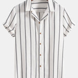 Cotton Blend Striped Cuban Shirt with Straight Leg Linen Trousers