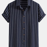 Striped Button-Up Shirt in Cotton Blend & Straight-Leg Linen Trousers
