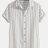 Striped Button-Up Shirt in Cotton Blend & Straight-Leg Linen Trousers