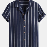 Cotton Blend Striped Cuban Shirt with Straight Leg Linen Trousers