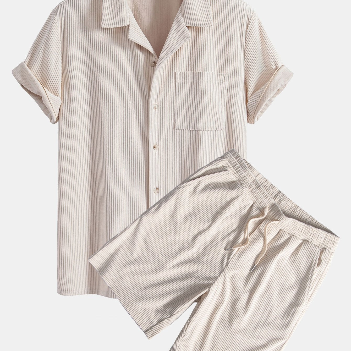 Corduroy Cuban Shirt and Shorts Set with Short Sleeves