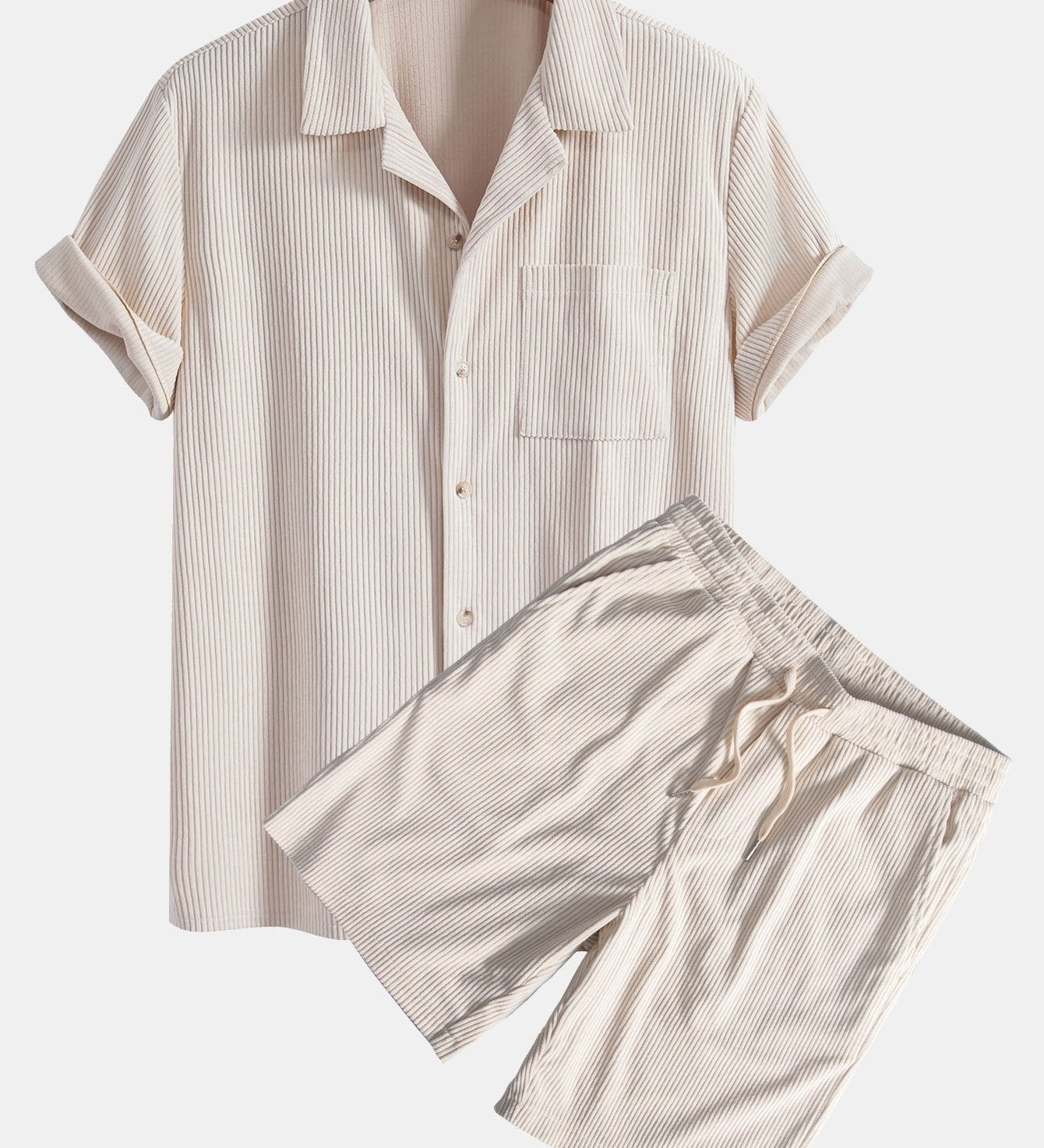 Corduroy Cuban Shirt and Shorts Set with Short Sleeves