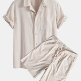 Corduroy Cuban Shirt and Shorts Set with Short Sleeves