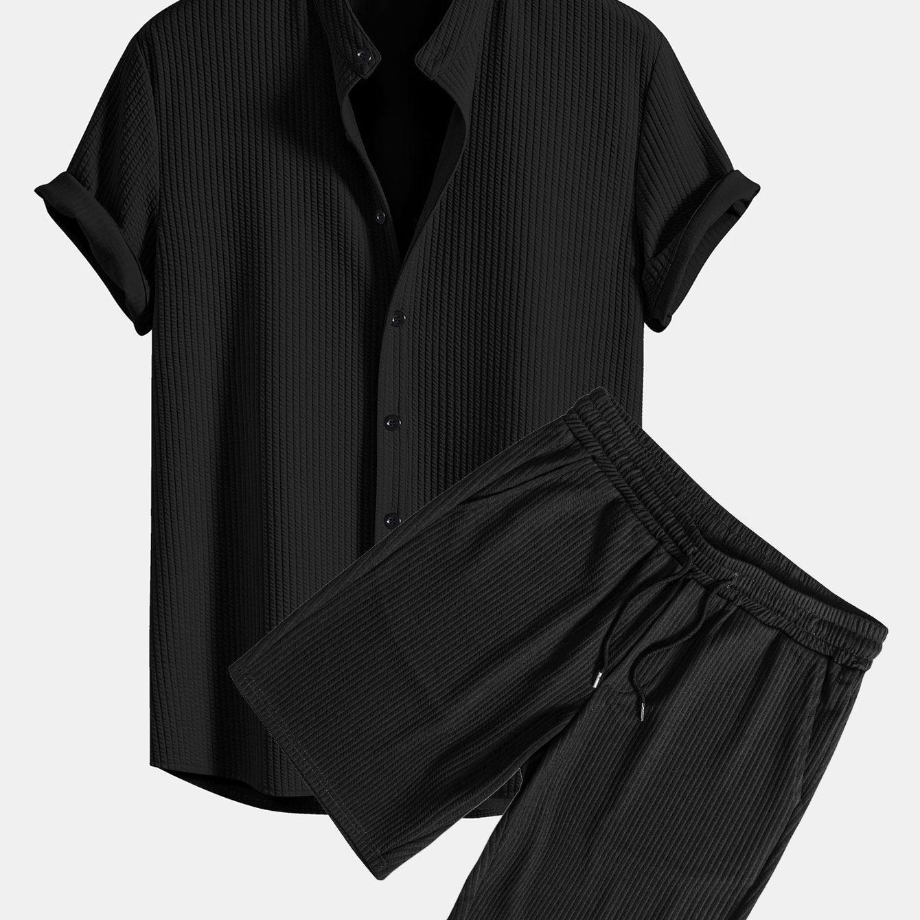 Ribbed Muscle Fit Stand Collar Shirt and Shorts Set