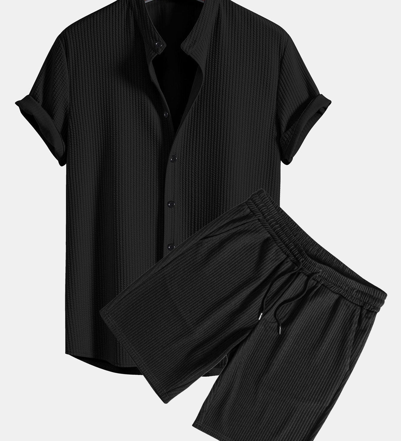 Ribbed Muscle Fit Stand Collar Shirt and Shorts Set