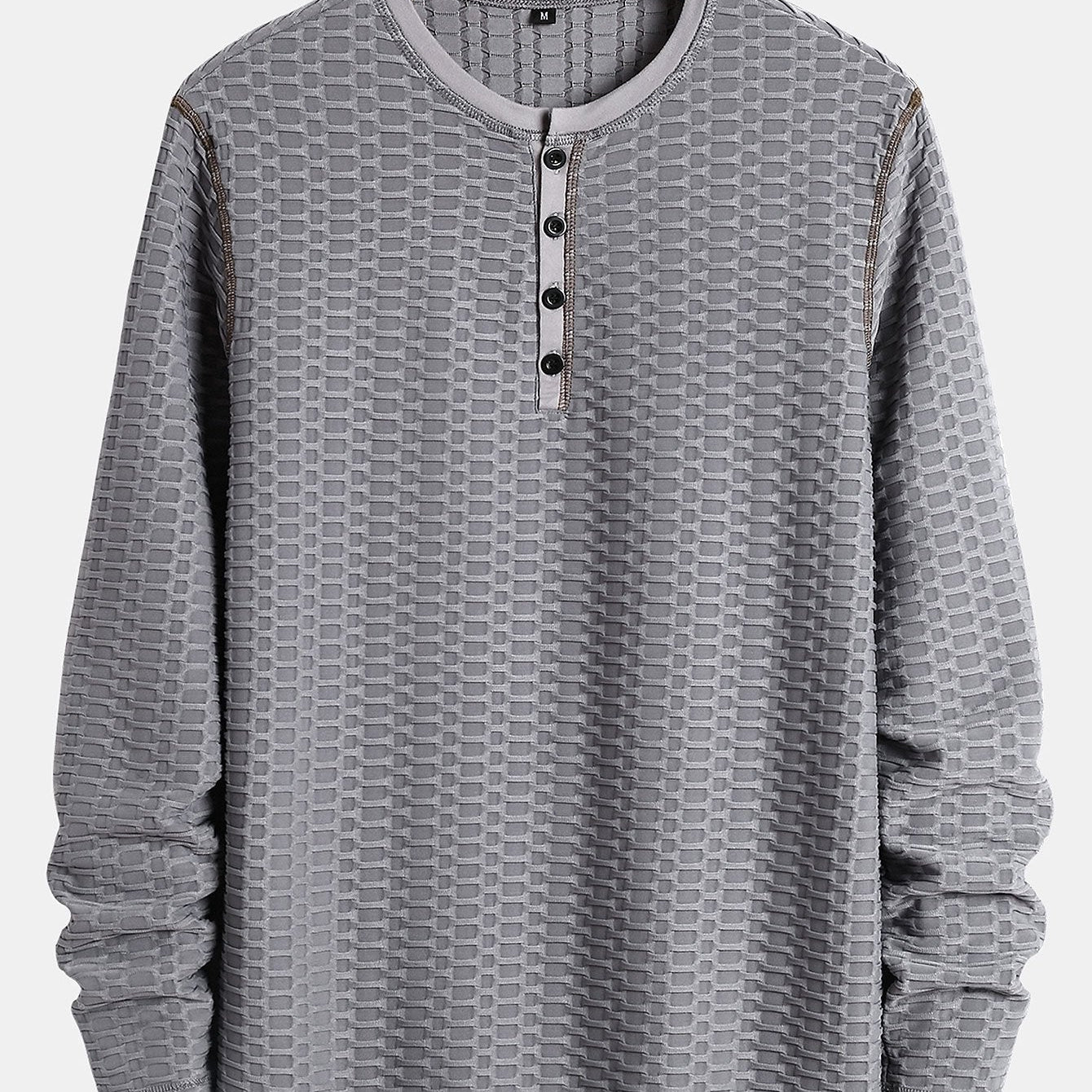 Textured Knitted Henley Shirt with Long Sleeve Muscle Fit