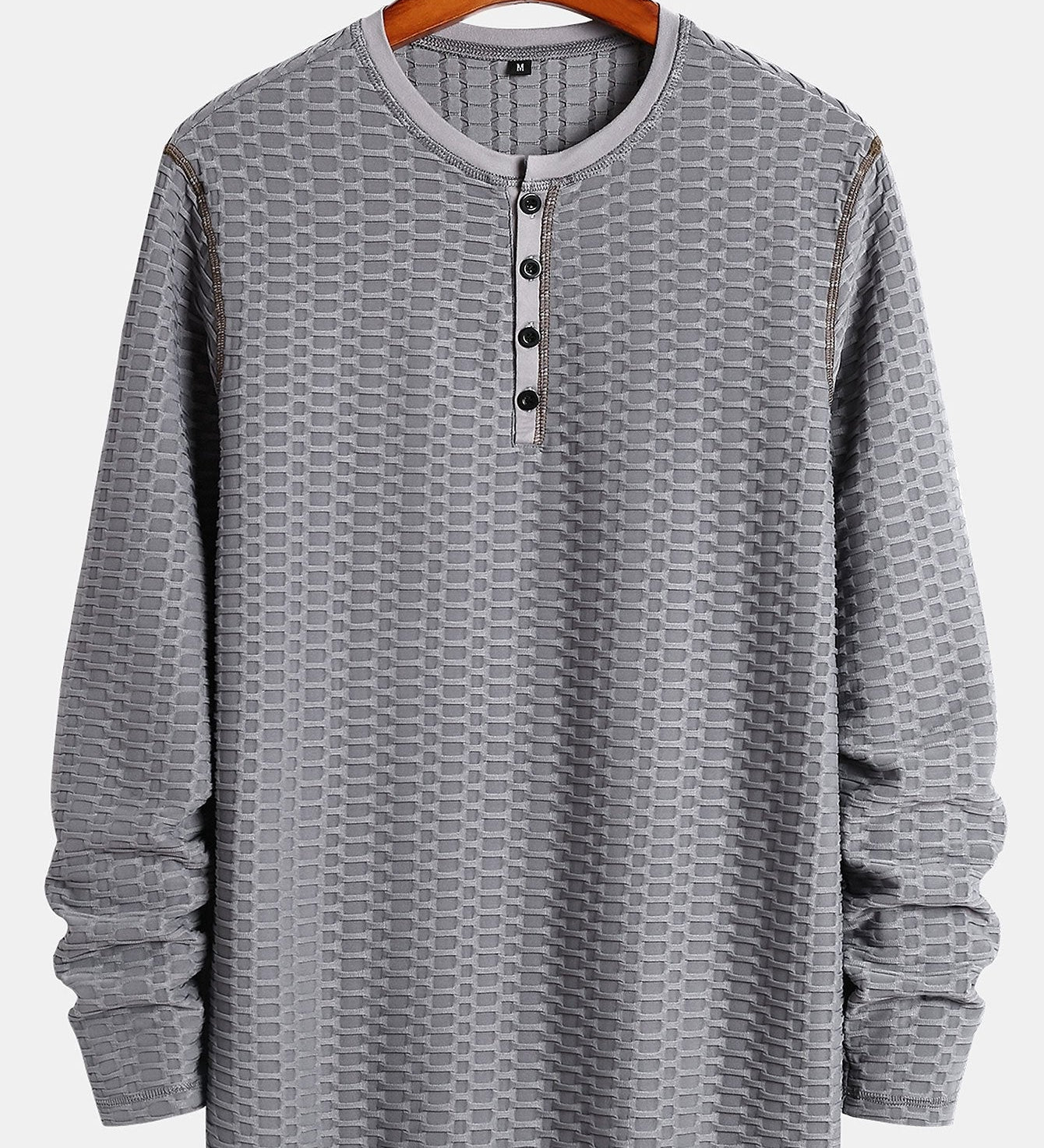 Textured Knitted Henley Shirt with Long Sleeve Muscle Fit