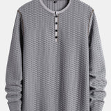 Textured Knitted Henley Shirt with Long Sleeve Muscle Fit