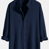 Ribbed Stand Collar Long Sleeve Muscle Fit Shirt with Straight Leg Linen Trousers