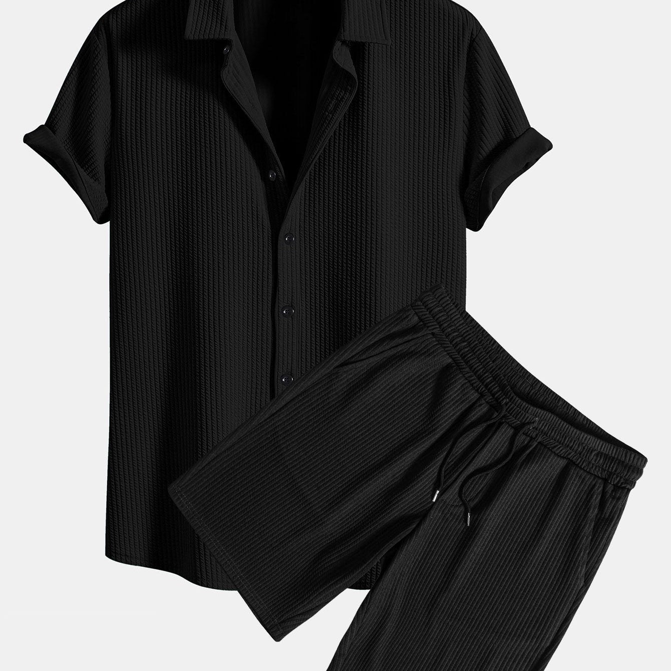 Ribbed Muscle Fit Button-Up Shirt and Shorts Set