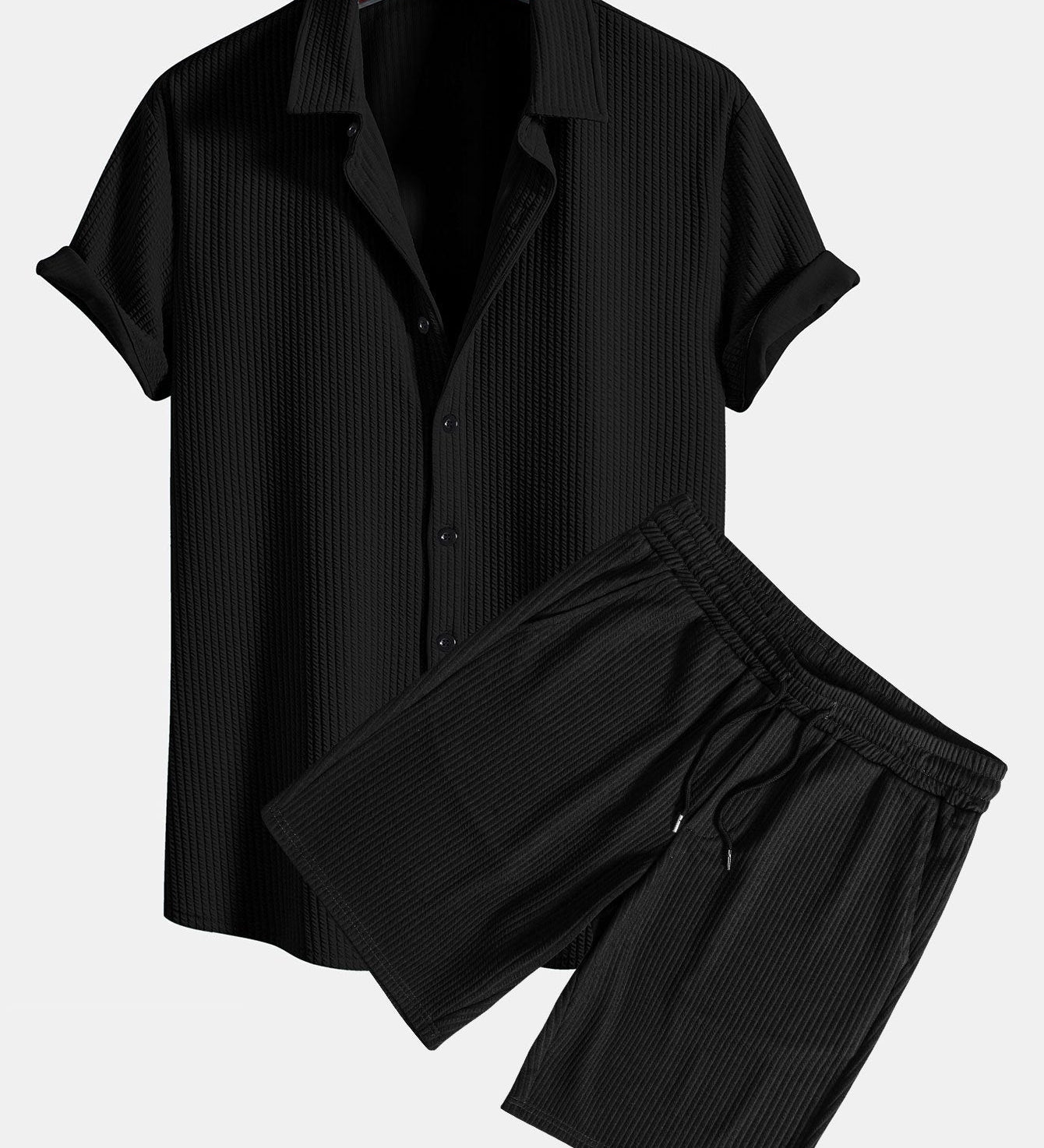 Ribbed Muscle Fit Button-Up Shirt and Shorts Set