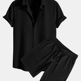 Ribbed Muscle Fit Button-Up Shirt and Shorts Set