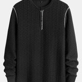 Textured Knitted Henley Shirt with Long Sleeve Muscle Fit